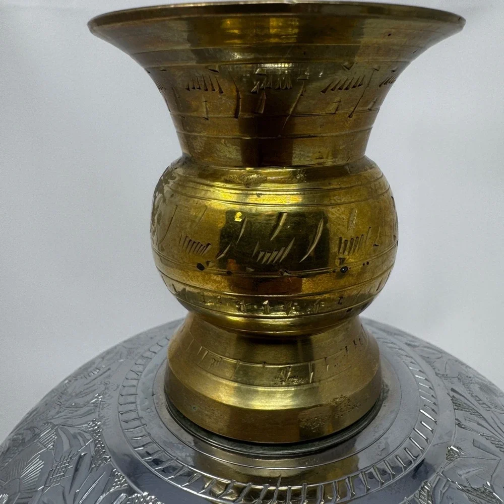 Vintage Indian Brass Silver-Tone Engraved Vase 2-Piece Floral Globe 8.5in Decor